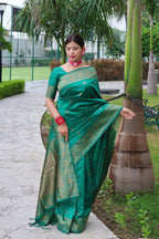 DEIANA'S Beautiful Designer Golden zari Soft Lichi Silk Saree - Teal