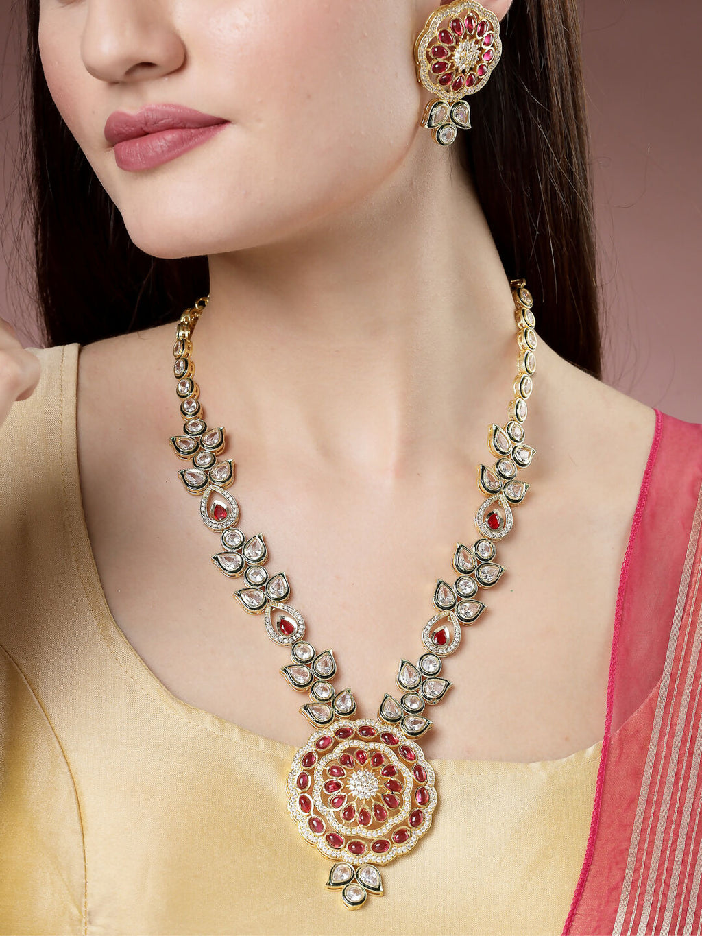 NVR Women's Red & Gold Kundan Studded Handcrafted Jewellery Set