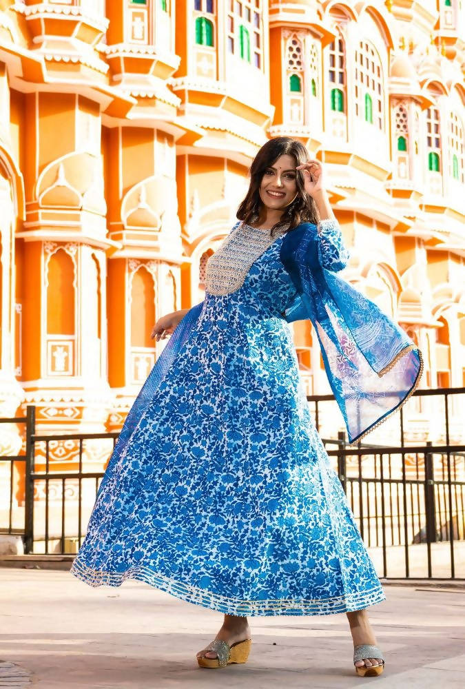 Yufta Women Blue Printed Pure Cotton Anarkali Kurta with Trouser & With Dupatta