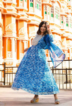 Yufta Women Blue Printed Pure Cotton Anarkali Kurta with Trouser & With Dupatta