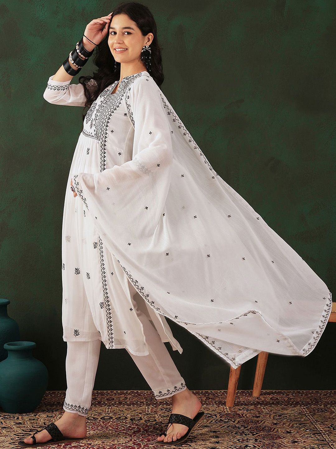 Sangria Floral Embroidered A Line Kurta With Trouser & Dupatta - Distacart