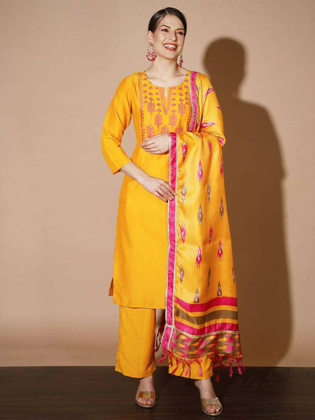 Myshka Women Mustard Solid Kurta & Palazzos With Dupatta