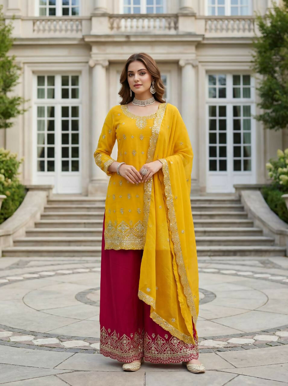 Joban Fashion Yellow Silk Embroidered Sharara Set - Distacart