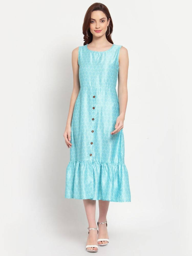Myshka Women's See Green Solid Cotton Blend Sleeveless Round Neck Casual Dress