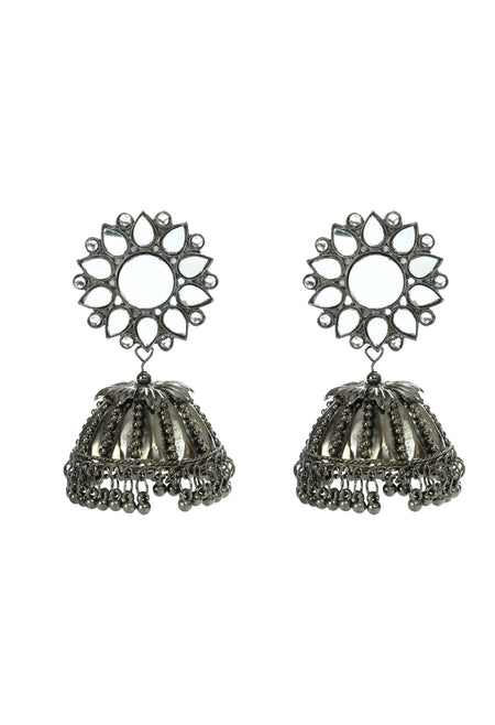Mominos Fashion Johar Kamal Silver-Plated With Mirror Earrings Jhumkas