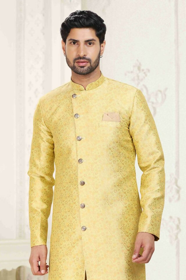 Raivat Ethnic Banarasi Jacquard Embroidery Semi Indo Western Sherwani In Cream Gold Colour