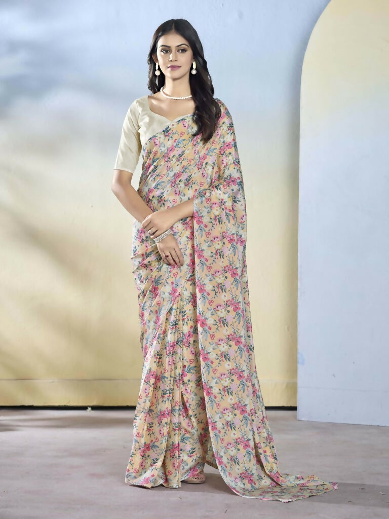 Off White Georgette Designer Printed Ready to Wear Saree - Samyana