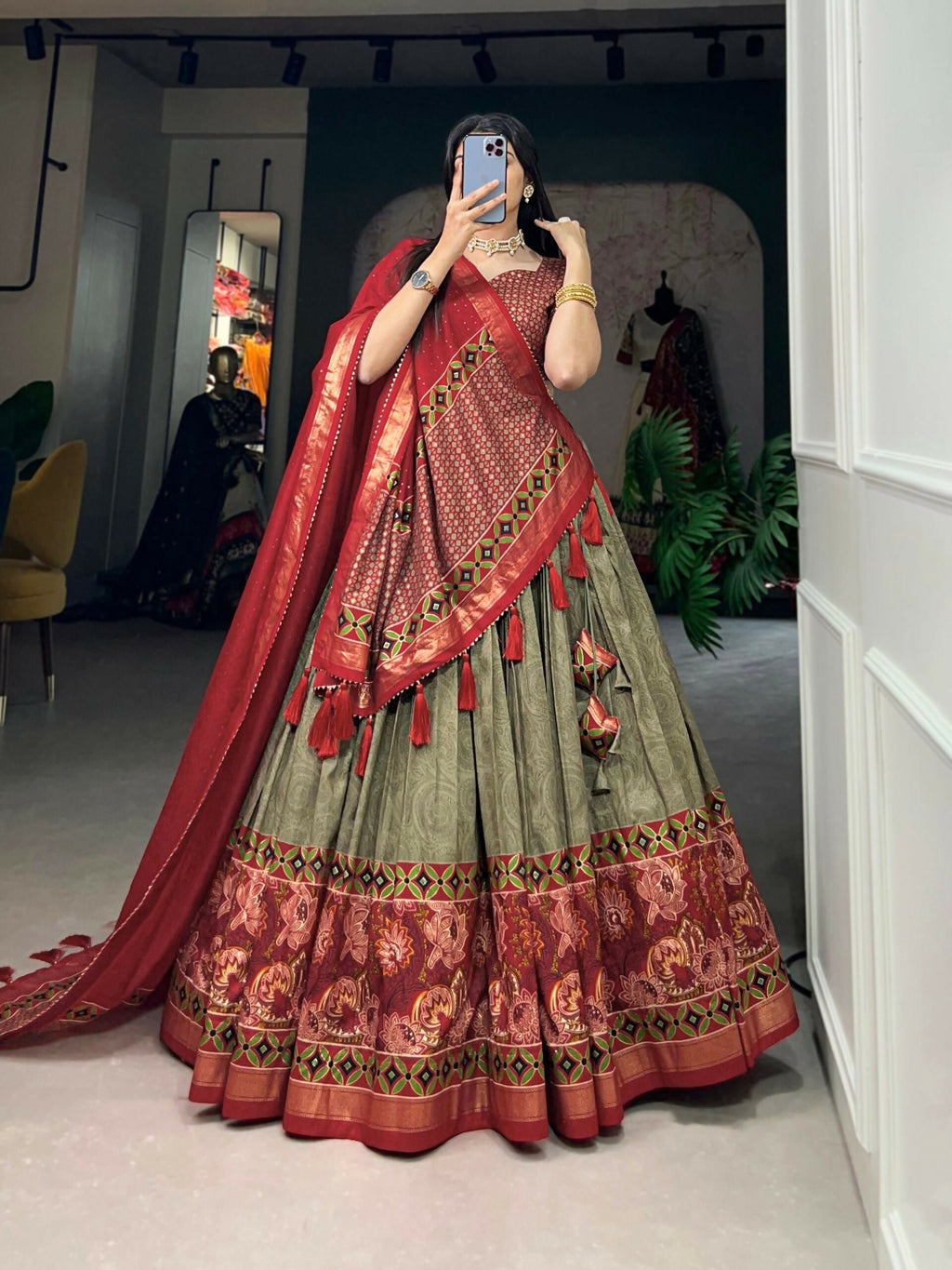 Vastranavya Floral Print With Foil Print Tussar Silk Lehenga with Unstitched Blouse - Mehendi