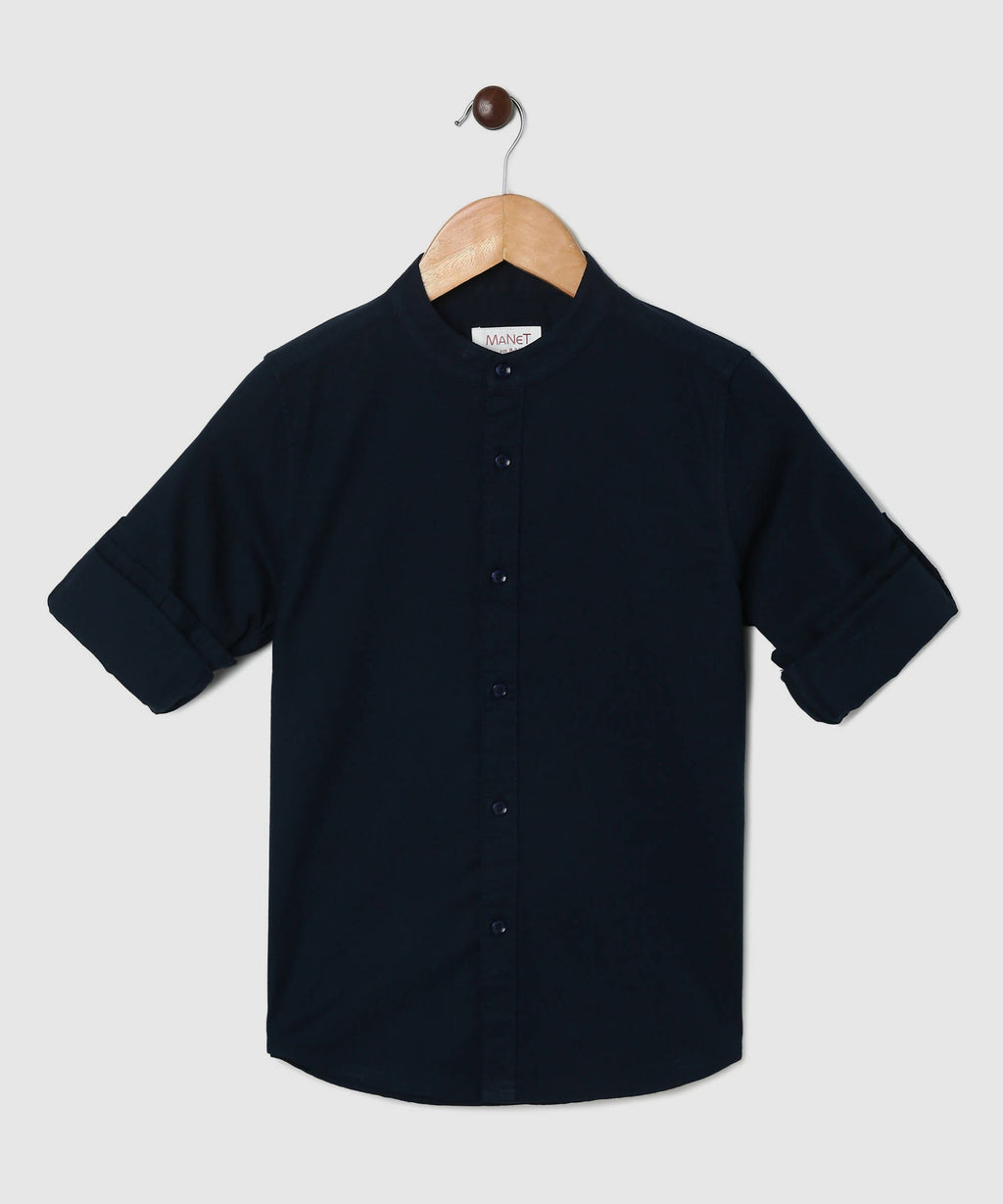 Manet Boys Mandarin Collar Full Sleeves Melange Shirt - Navy Blue