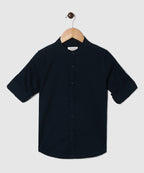 Manet Boys Mandarin Collar Full Sleeves Melange Shirt - Navy Blue