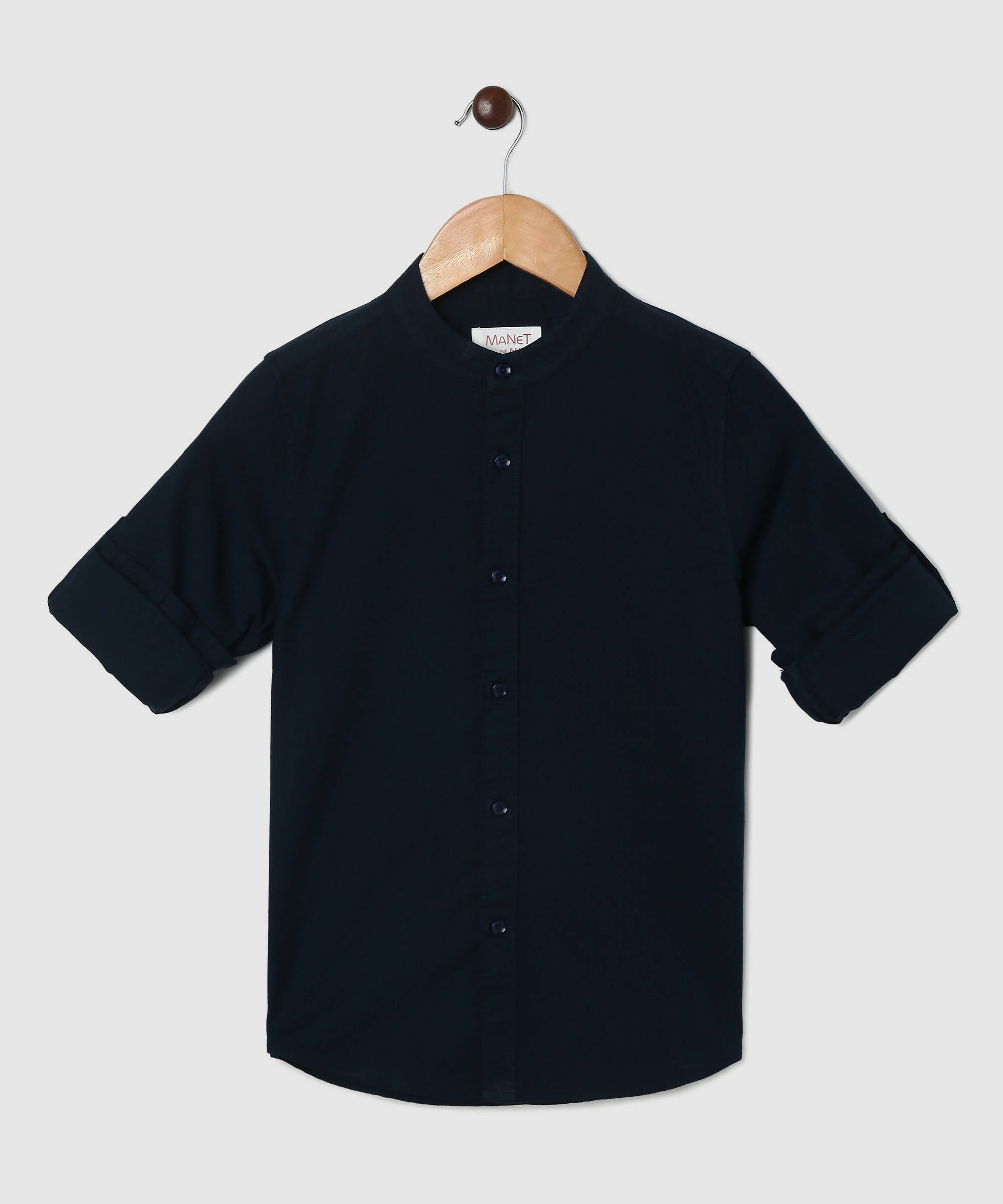 Manet Boys Mandarin Collar Full Sleeves Melange Shirt - Navy Blue