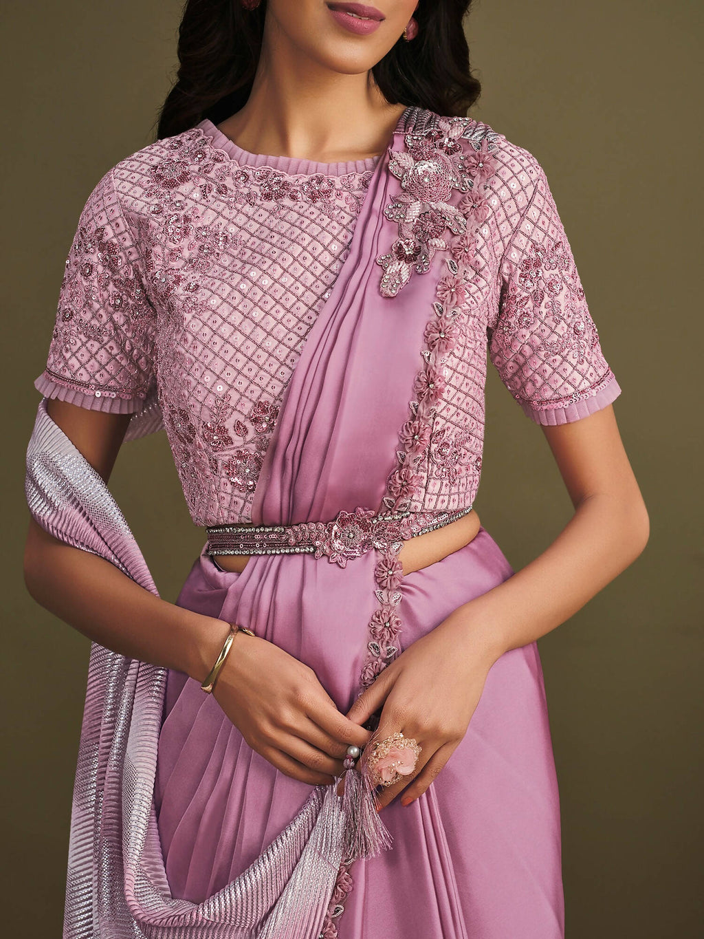 Light Purple Satin Silk Sequence Embroidered Saree With Stitched Blouse - Mohmanthan La Belle