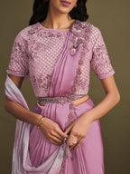Light Purple Satin Silk Sequence Embroidered Saree With Stitched Blouse - Mohmanthan La Belle