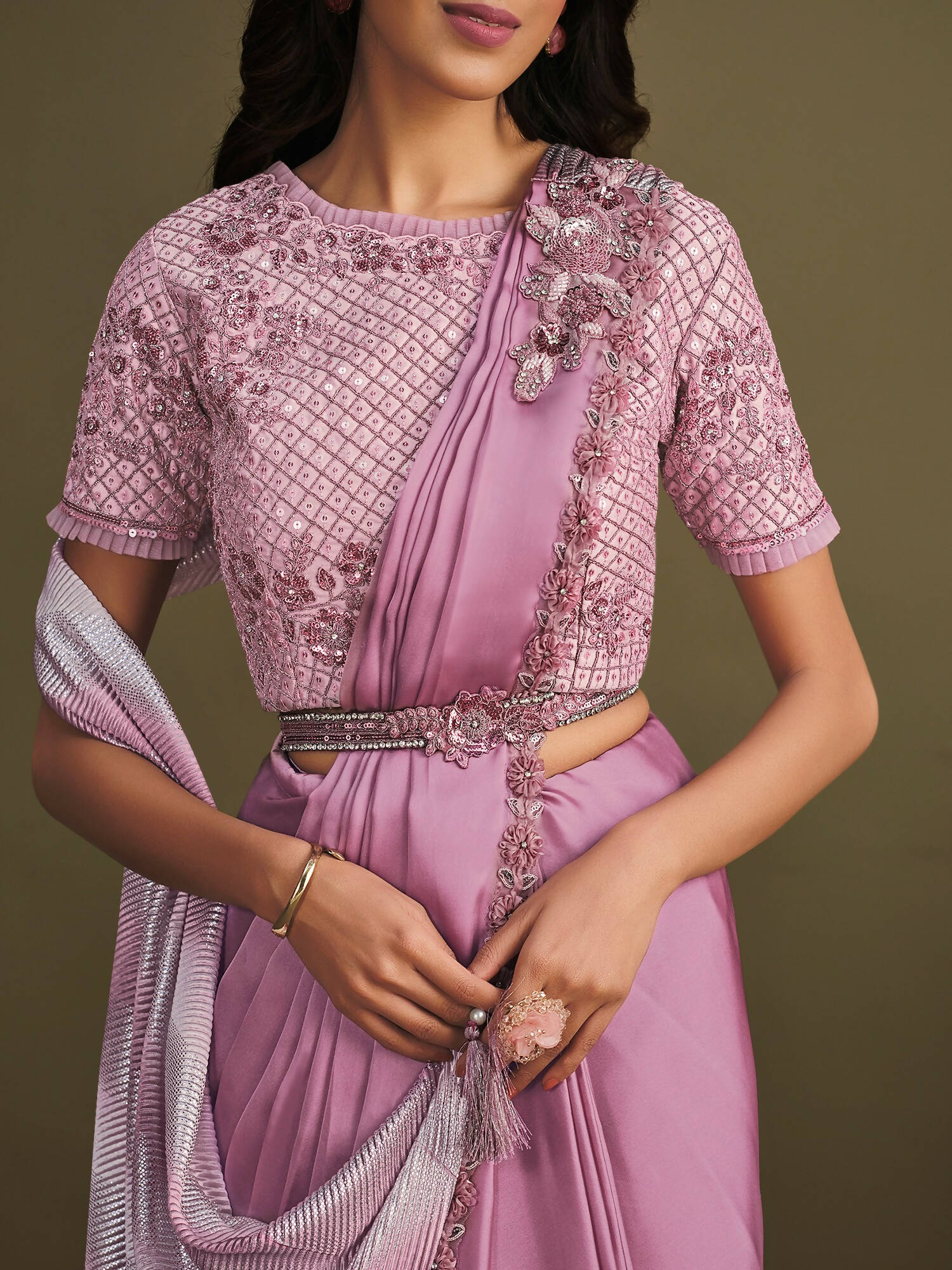 Light Purple Satin Silk Sequence Embroidered Saree With Stitched Blouse - Mohmanthan La Belle