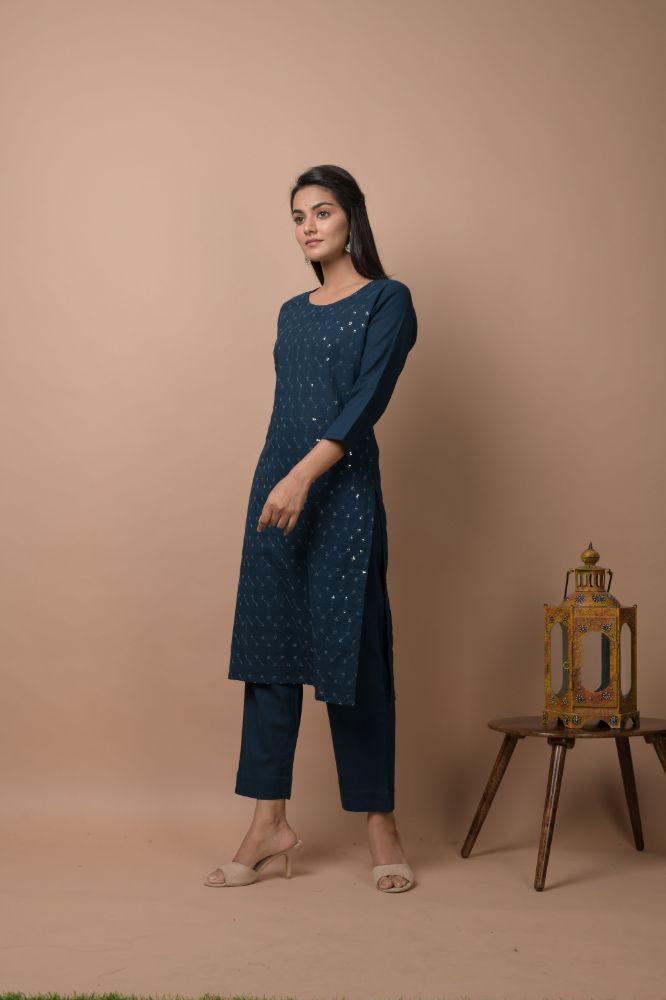 Kaajh Women's Navy Blue Solid Sequins Embellished Kurta Pant Set - Distacart
