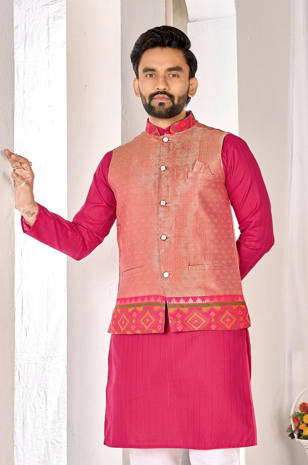 Anaita Peach Cotton Straight Kurta Pajama & Koti With Jequard Work