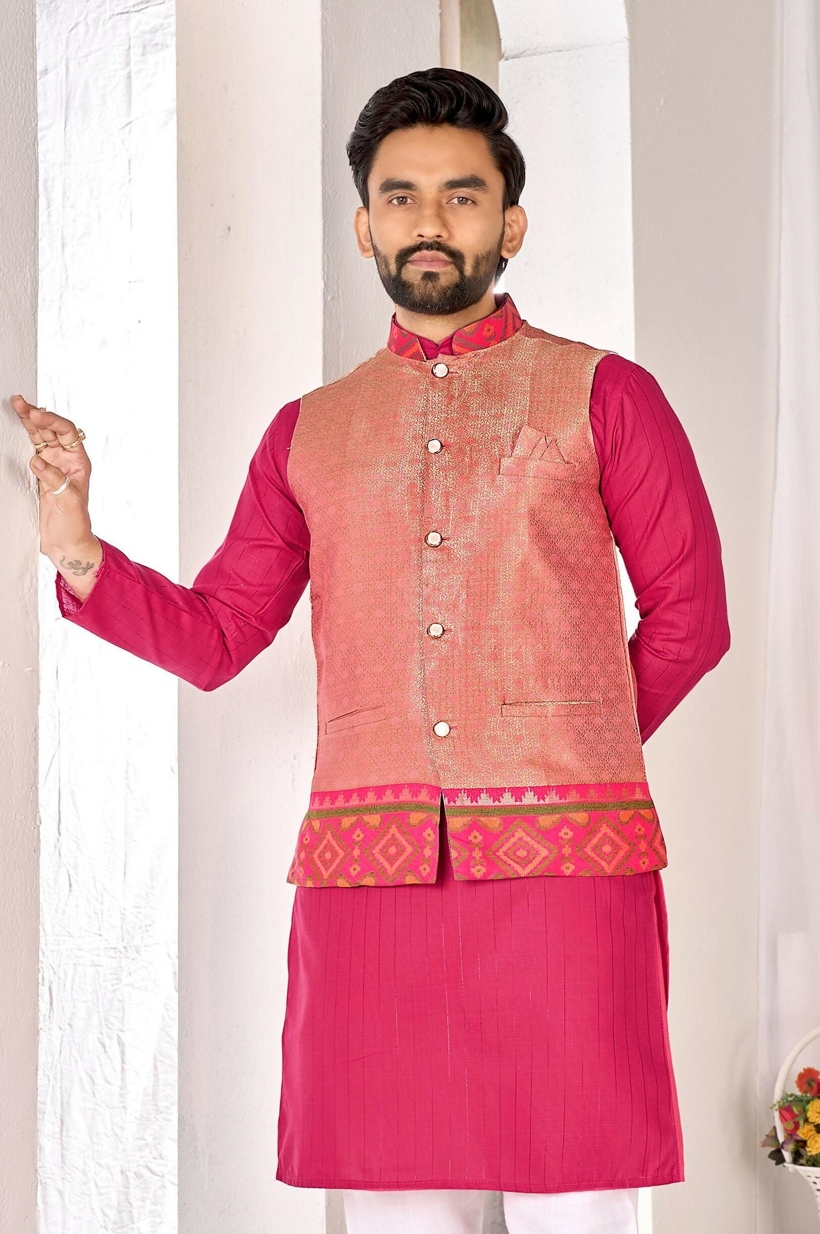 Anaita Peach Cotton Straight Kurta Pajama & Koti With Jequard Work