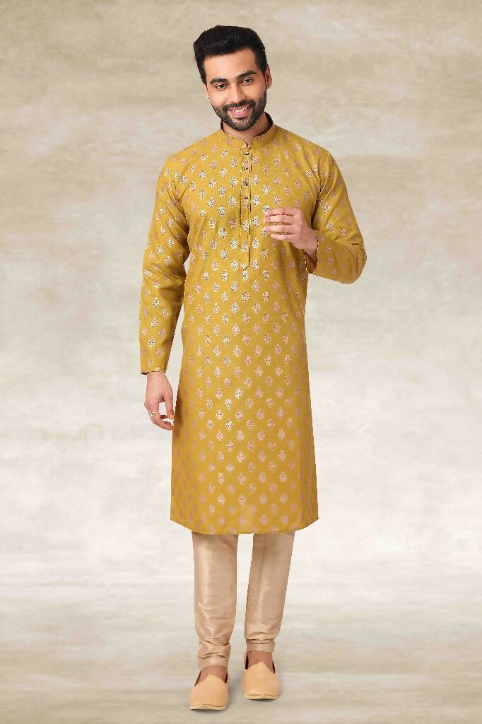 Raivat Ethnic Cotton Printed Work Kurta Pajama In Mustard Colour