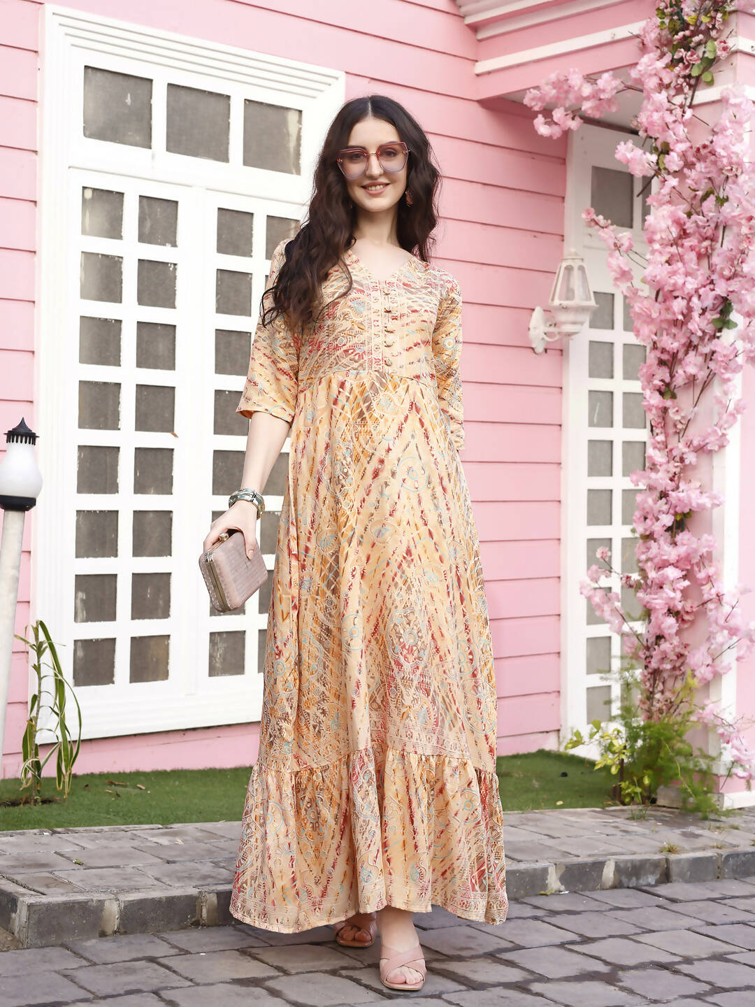 Peach Rayon Foil Printed Long Dress - Michan - Distacart