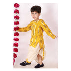 Little Bansi Boys Yellow and Cream Color Feather print Kurta and Dhoti