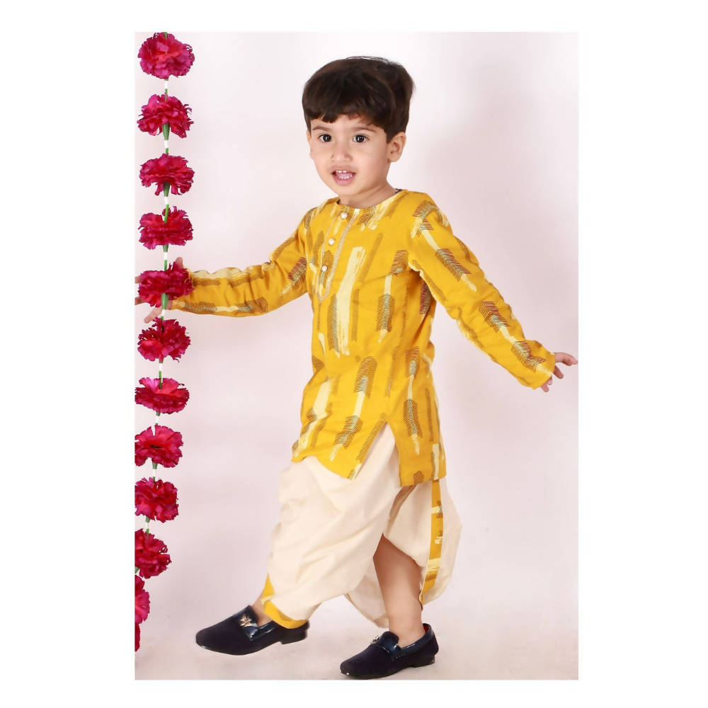 Little Bansi Boys Yellow and Cream Color Feather print Kurta and Dhoti