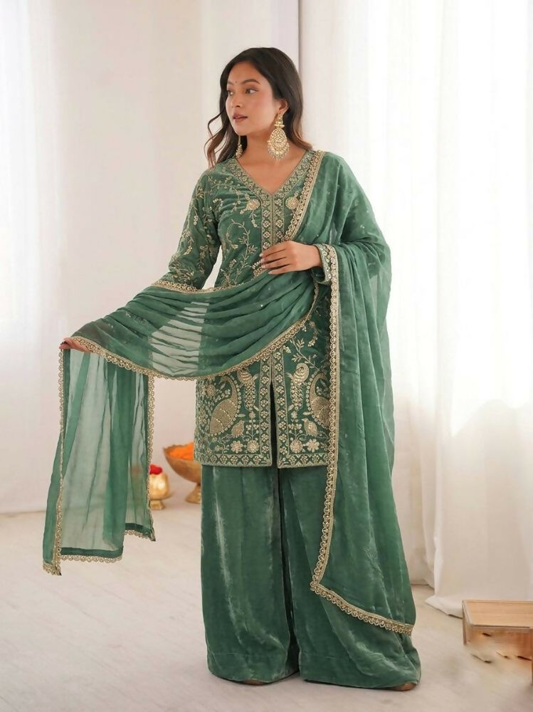 Teeya Creation Light Green Color Fendy Silk Embroidery Work Wedding Wear Salwar Suit - Distacart