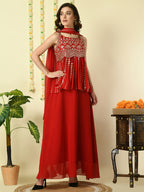 Myshka Women's Red Georgette Top & Skirt With Dupatta Party Sets