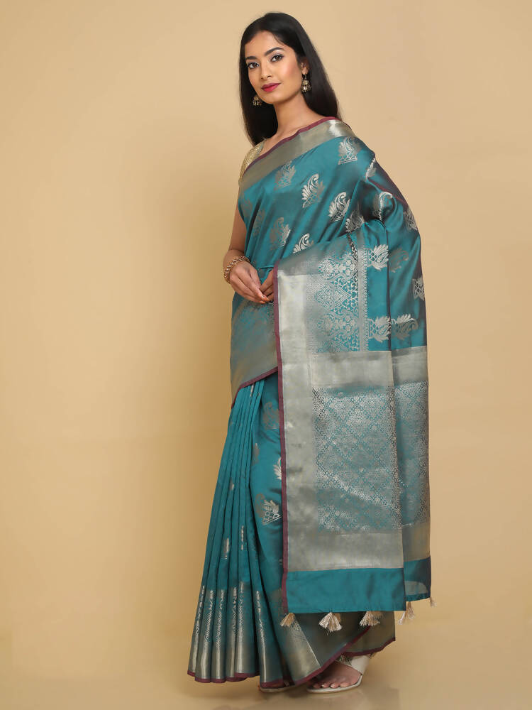 Kalamandir Ethnic Motifs Sea Green Silk Blend Saree