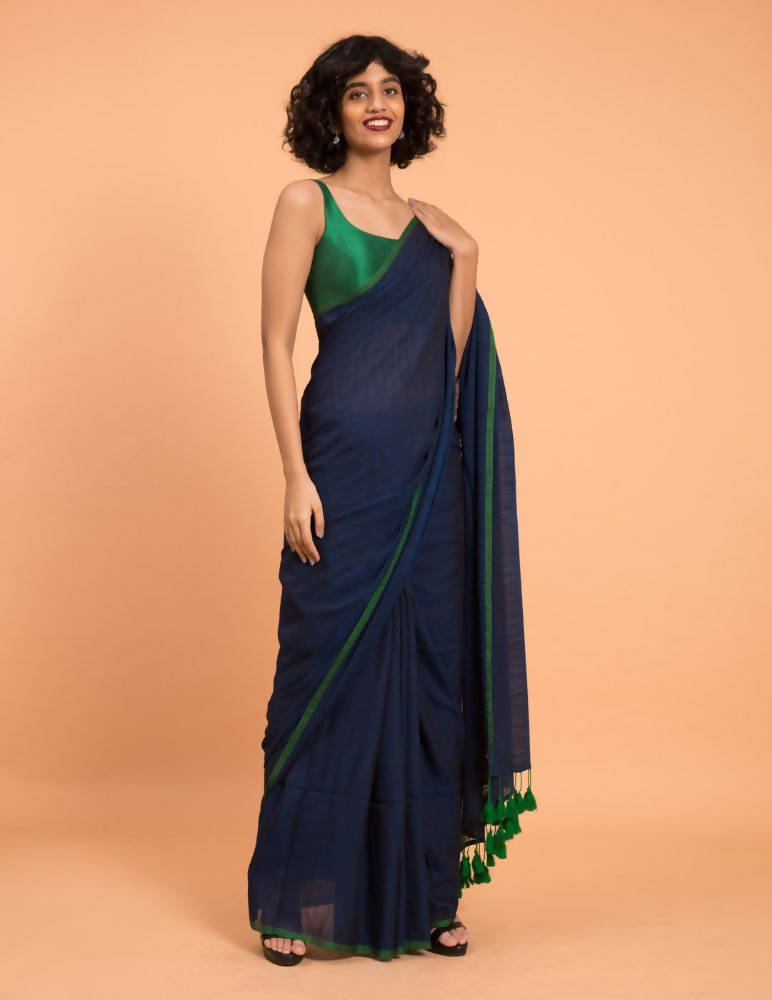 Suta Blue Green Solid Cotton Blend Saree - Distacart