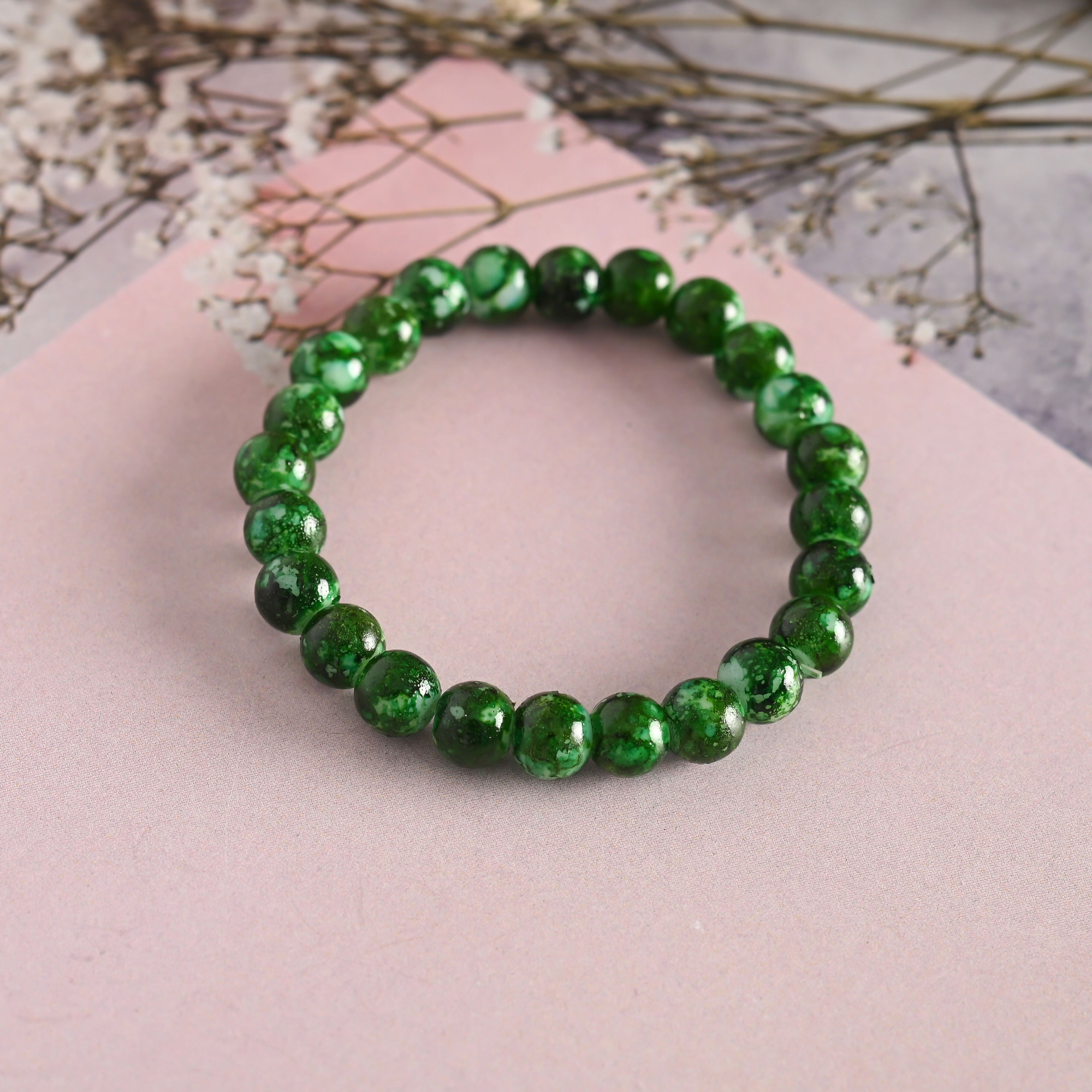 NVR Men & Women Green Marble Crystal Beaded Elasticated Bracelet - Distacart