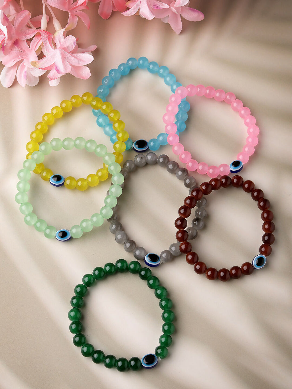 NVR Men & Women Set of 7 Crystals Beaded Evil Eye Elasticated Bracelet - Distacart