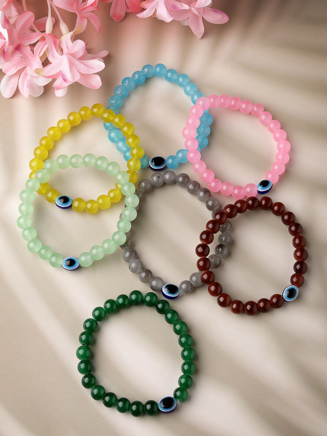 NVR Men & Women Set of 7 Crystals Beaded Evil Eye Elasticated Bracelet - Distacart