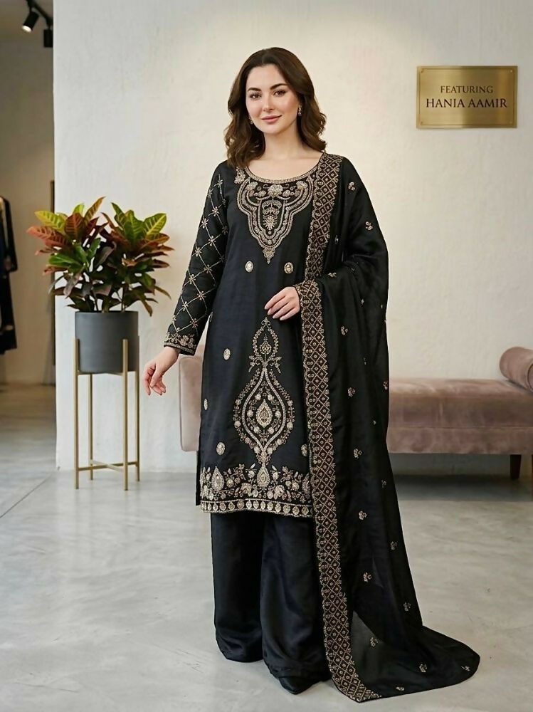 Teeya Creation Black Color Gimmychu Silk Embroidery Work Wedding Wear Salwar Suit - Distacart