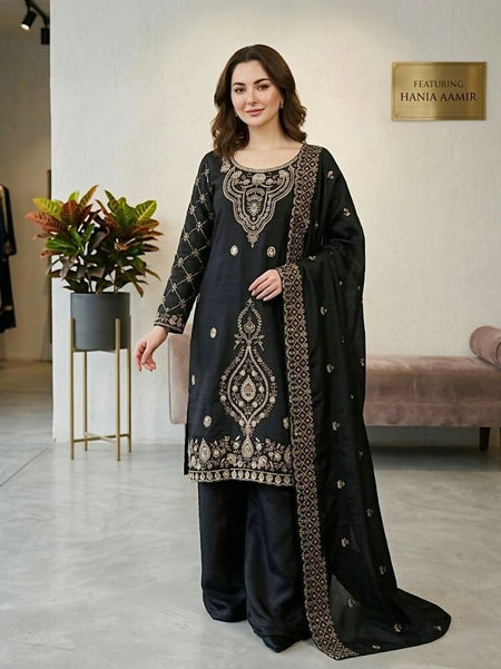 Teeya Creation Black Color Gimmychu Silk Embroidery Work Wedding Wear Salwar Suit