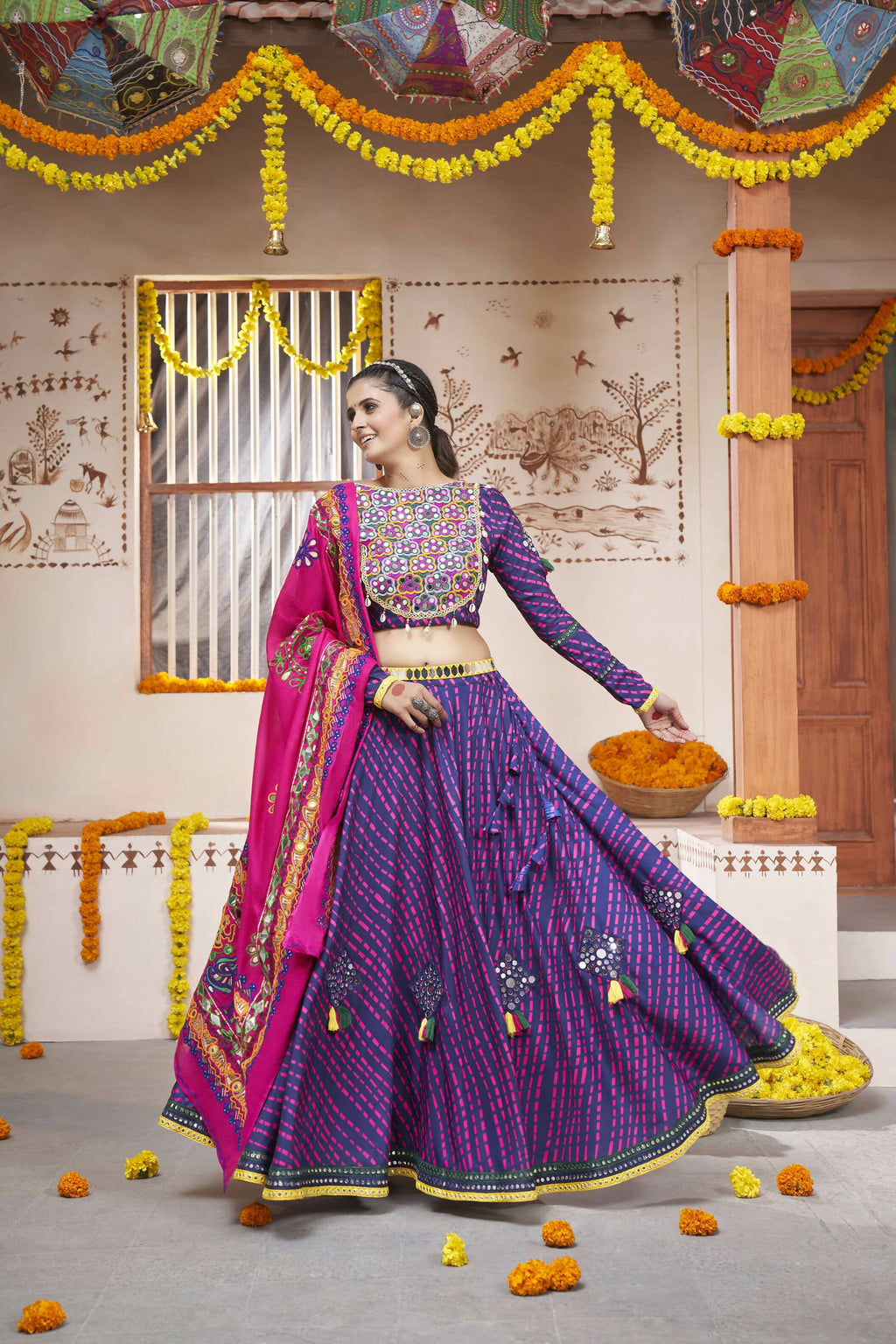 Blue Rayon All over Print with Embroidery Patch Work Navratri Lehenga Choli with Dupatta - Raas