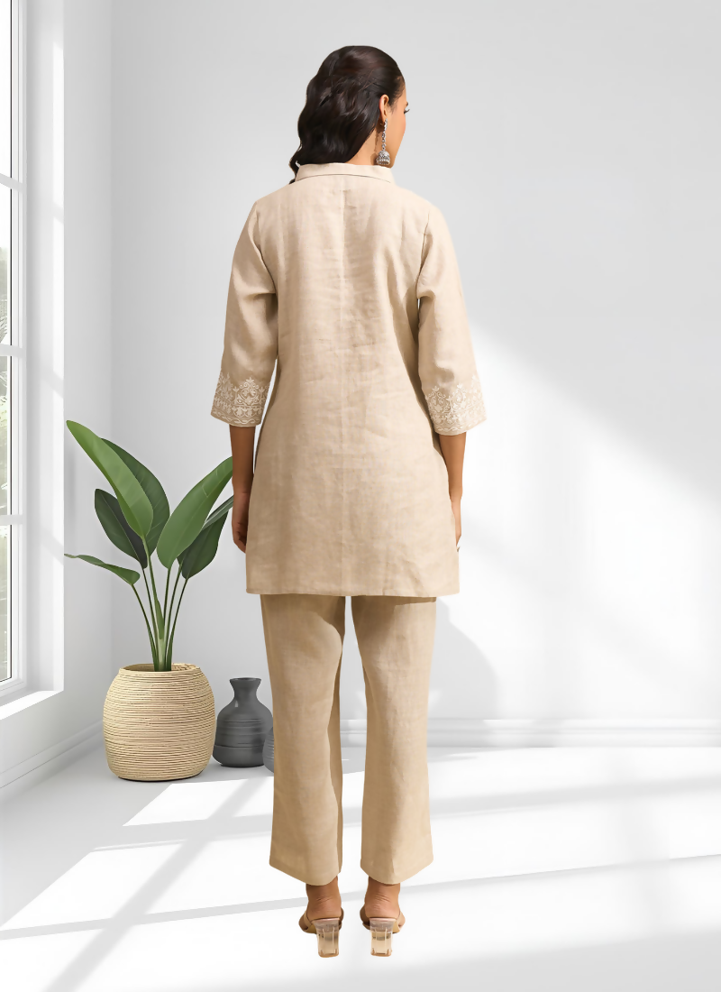 Joban Fashion Beige Linen Embroidered Readymade Cord Set - Distacart