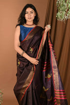 Very Much Indian Handloom Pure Dupion Silk Saree With Sleek Golden Border - Brown - Distacart