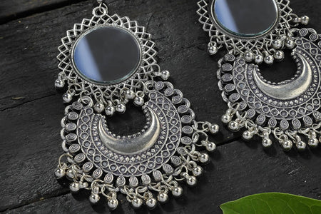 Mominos Fashion Johar Kamal Silver Oxidised Mirror Chandbali Earrings