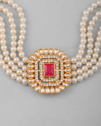 VOJ Gold-Polished Pearl And Pink Stone Choker with Earrings Set