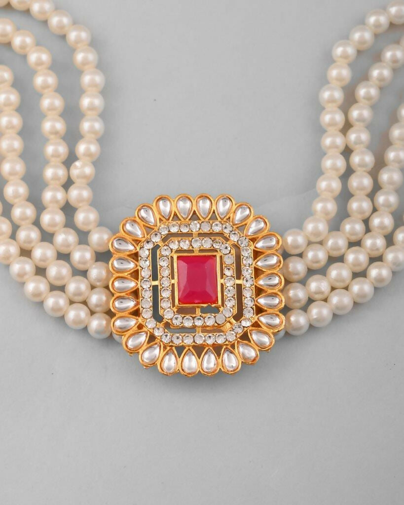 VOJ Gold-Polished Pearl And Pink Stone Choker with Earrings Set