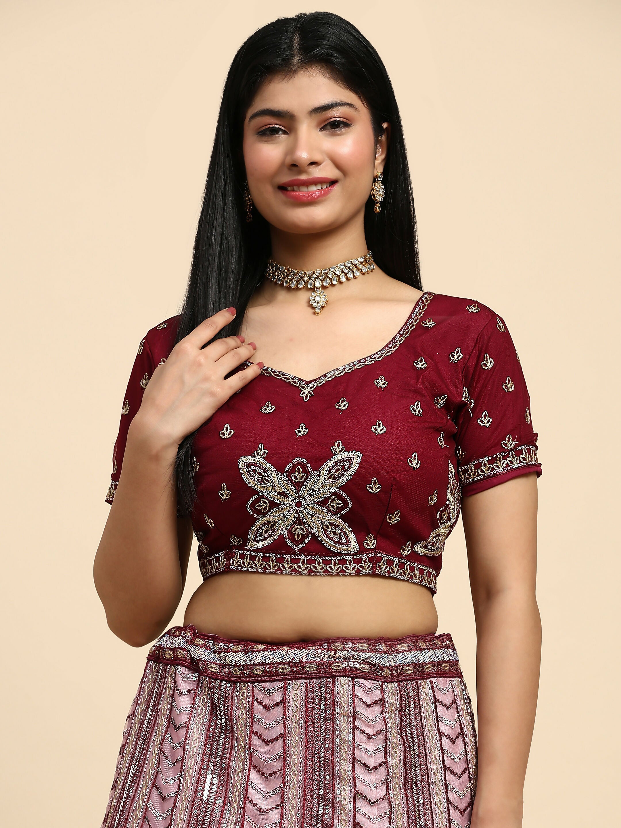 Maroon Fancy Net Sequence Embroidered Lehenga Choli with Dupatta - Dhara