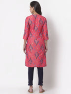 Myshka Women's Pink Printed 3/4 Sleeve Rayon Round Neck Casual Kurta