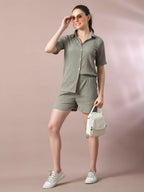 Myshka Women's Grey Solid Shirt Collar Party Shirt With Shorts Co-ord set