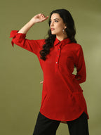 Myshka Women's Red Solid Georgette Longline Party Sheer Tunic