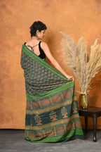 Very Much Indian Handblock Printed Cotton Saree With Natural Dyes - Green - Distacart