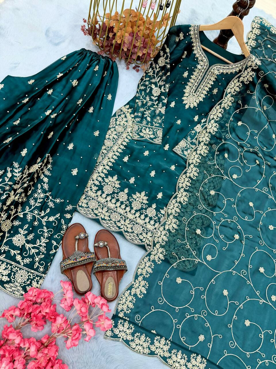 Teeya Creation Teal Pure Silk Gimmy Silk Heavy Embroidery Work Wedding Wear Palazzo Pair - Distacart