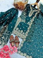 Teeya Creation Teal Pure Silk Gimmy Silk Heavy Embroidery Work Wedding Wear Palazzo Pair - Distacart