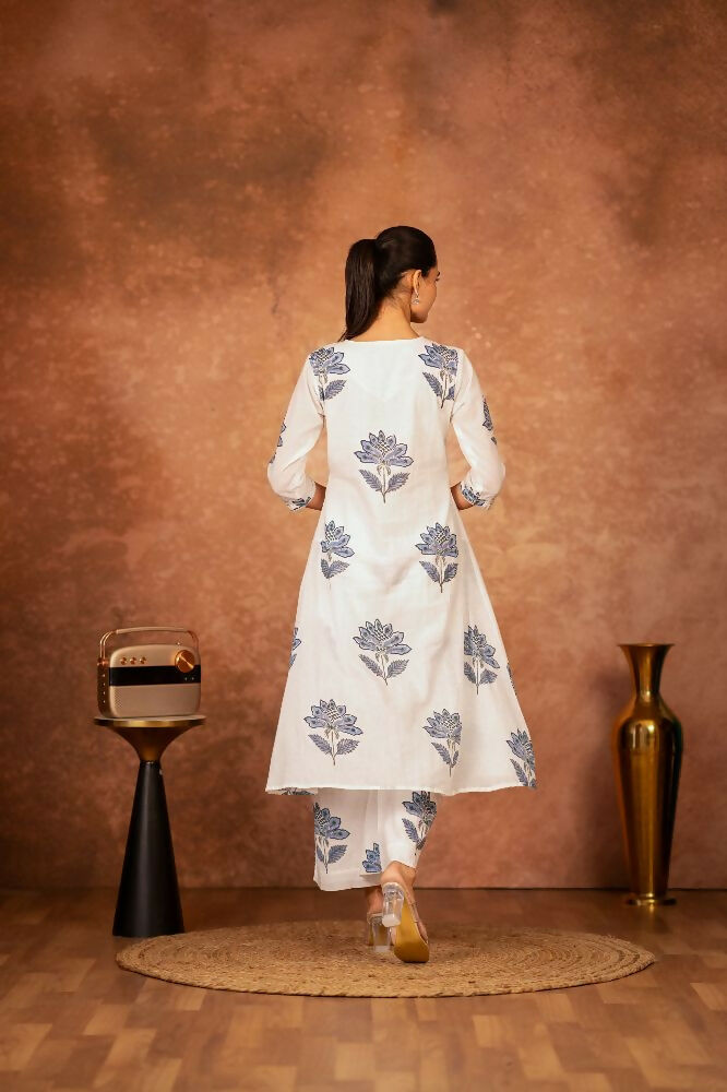 Joban Fashion Off White Blue Hand Block Printed Cotton Suit Set - Distacart