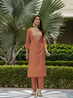 The52 Orange Women's Gorgeous Embroidered Rayon Fabric with Straight Kurta, Pant and Dupatta Set - Distacart