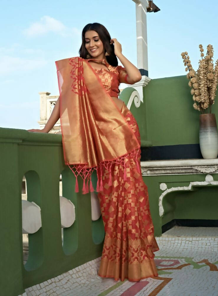 Charming Designer Light Tomato Red Color Organza Silk Saree With Weaving Work - Yomika Fashions